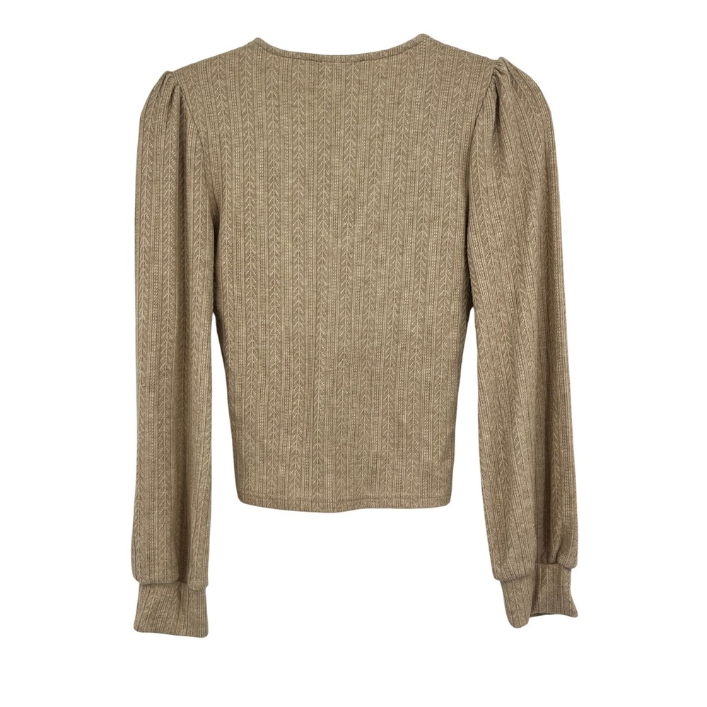 Lulus Tan Beige Pointelle Chevron V-Neck Puff Sleeve Knit Top Womens Size Medium - Picture 3 of 7